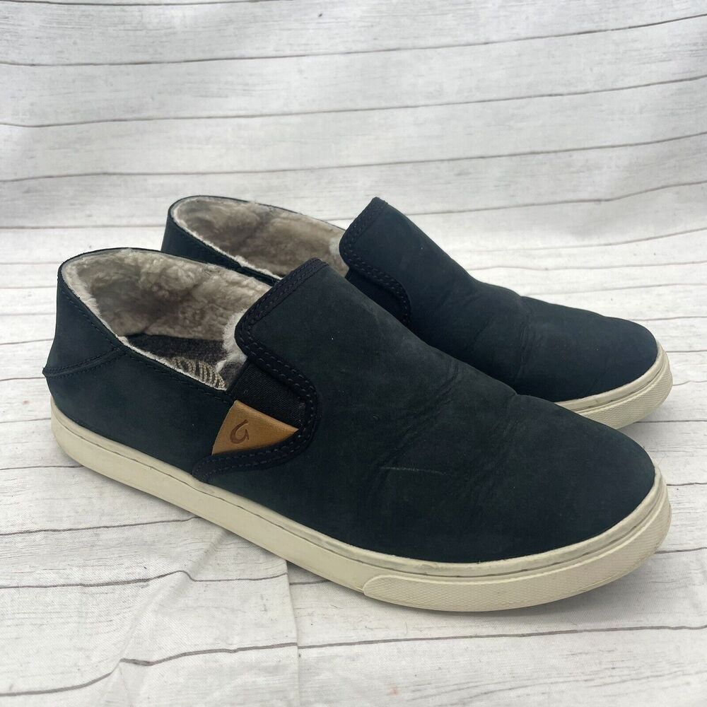 Olukai Pehuea Heu Lava Rock Womens 6 Black Leather Wool Shearling Slip On Shoes